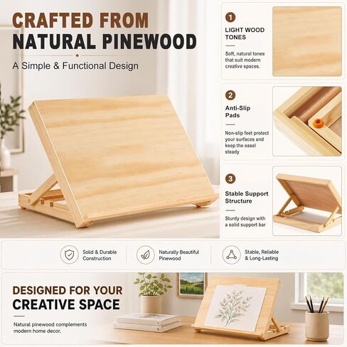 Tabletop Easel للطلاء ، 13.8 "x11.4" Artable Art Easel القابلة للتعديل يشمل أوراق الطلاء الفنية ، وأوراق رسم وشريط تقنيع ، ولوحة رسم من خشب الصنوبر للقماش والكتب والأعمال الفنية in Kuwait