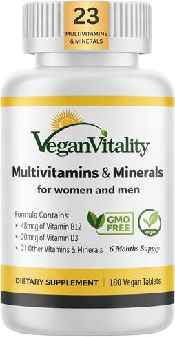 Vegan Multivitamins & Minerals for Women and Men with High Strength Vitamin B12, D3 & K2. 180 Multivitamin Tablets - 6 Months Supply. Vitamins for Vegans & Vegetarians in Kuwait