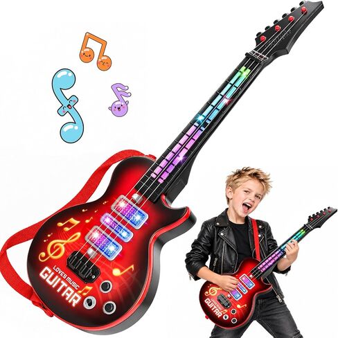 Kids Electric Guitar Toy for Ages 3-5 21 Inch Light Up Guitar with 4 Strings Infrared Sensor & Strap Musical Gift for Boys Girls (Red) in Kuwait