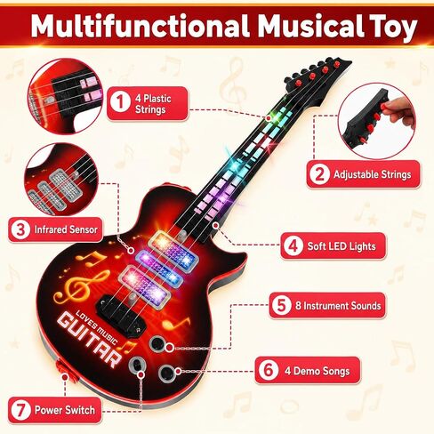 Kids Electric Guitar Toy for Ages 3-5 21 Inch Light Up Guitar with 4 Strings Infrared Sensor & Strap Musical Gift for Boys Girls (Red) in Kuwait