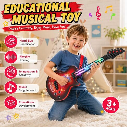 Kids Electric Guitar Toy for Ages 3-5 21 Inch Light Up Guitar with 4 Strings Infrared Sensor & Strap Musical Gift for Boys Girls (Red) in Kuwait
