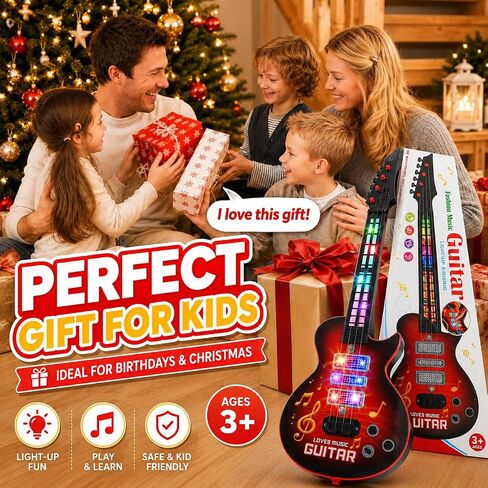 Kids Electric Guitar Toy for Ages 3-5 21 Inch Light Up Guitar with 4 Strings Infrared Sensor & Strap Musical Gift for Boys Girls (Red) in Kuwait