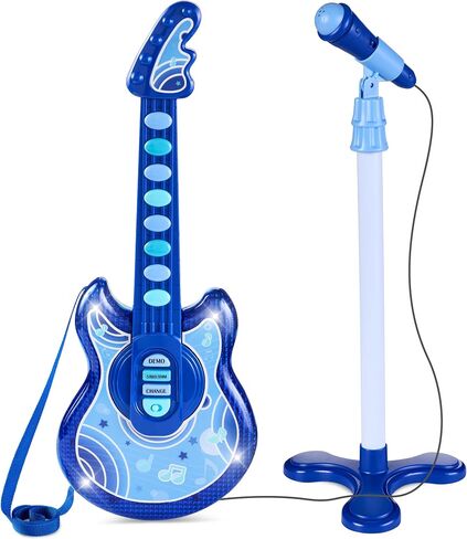Best Choice Products 19in Kids Toy Guitar, Pretend Play Musical Instrument Toy for Toddlers w/Mic, Stand, 8 Demo Songs, Lights & Sounds - Purple in Kuwait