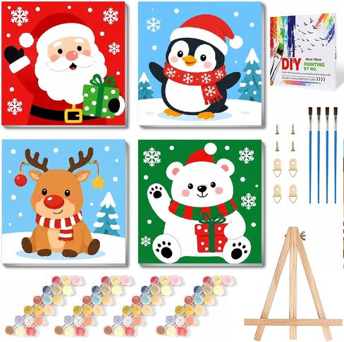 uuxsretaio 4 Pack Christmas Paint by Numbers Kit for Kids, Animals Easy Paint by Number Kit Acrylic Oil Painting by Number for Home Wall Decor 8X8 in(Framed) in Saudi Arabia