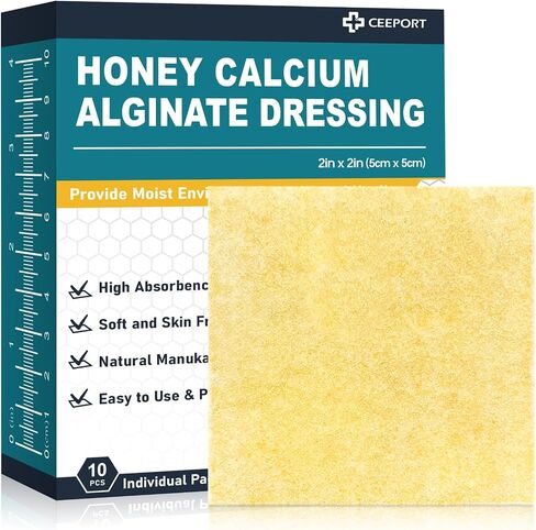 Ceeport Manuka Honey Calcium Alginate Wound Dressing, 2"x 2" High Absorbency Honey Would Dressing with Calcium Alginate, Medical Grade Manuka Honey Wound Care Bandages Patches for Wounds(Pack of 10) in Saudi Arabia