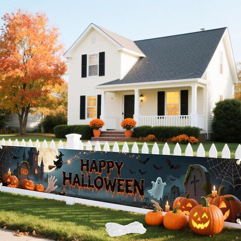 Large Happy Halloween Banner 120x20in with 19.69ft Ribbon, Blue Halloween Party Decorations for Yard Porch Fence, Spooky Hanging Banner for Outdoor Holiday Decorations in Kuwait