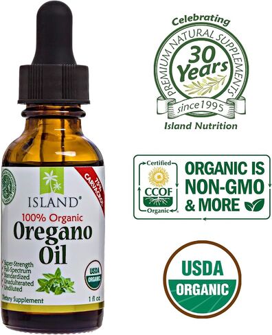 Island Nutrition, قطرات سائلة عضوية من زيت الأوريجانو - 100% نقي وغير مخفف - عضوي معتمد من وزارة الزراعة الأمريكية (1 أونصة) 75% كارفاكرول - ينمو في إسبانيا - مكمل لدعم المناعة بزيت الأوريجانو. in Kuwait