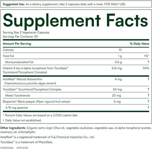 Purity Products AstaFX Astaxanthin Antioxidant Super Formula from Clinically Tested 4 mg AstaREAL with Multi-Component Tocotrienols (Vitamin E) + BioPerine Black Pepper + Piperine - 30 Veg Capsules in Kuwait