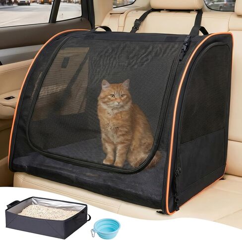 Cat Car Seat, Enclosed Carrier for Pets Travel Safety Cat Crate with Litter Box Soft-Sided Covered Car Kennel Carrier for Backseat in Saudi Arabia