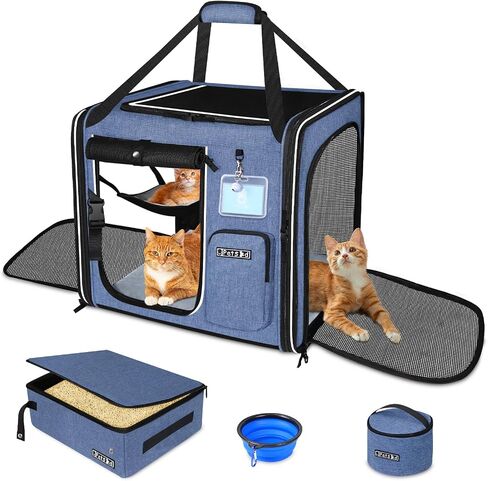 Petskd 2 in 1 Double Cat Car Travel Carrier with Litter Box, Blue in Kuwait