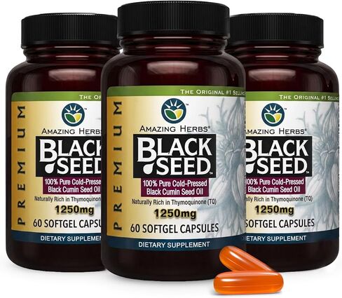 Amazing Herbs Premium Black Seed Oil Capsules - High Potency, Cold Pressed Nigella Sativa Aids in Digestive Health, Immune Support & Brain Function - 60 Count, 1250mg (Pack of 2) in Kuwait