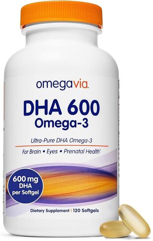 OmegaVia DHA 600 mg - مكملات DHA فائقة النقاء، أوميغا 3 للدماغ والعينين - مغذٍ أوميغا 3 قبل الولادة للنساء قبل الولادة والحوامل والمرضعات - بدون تجشؤ، تم اختباره من قبل IFOS للزئبق - 120 كبسولة in Kuwait