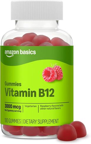 Amazon Basics Vitamin B12 3000 mcg Gummies, Normal Energy Production and Metabolism, Immune System Support, Raspberry, 100 Count (2 per serving) (Previously Solimo) in Kuwait