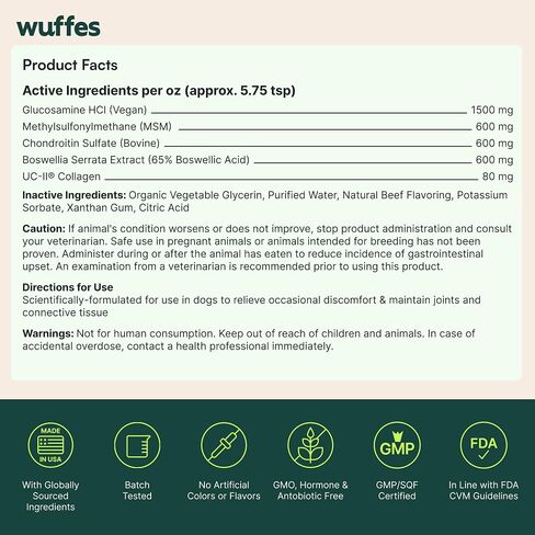 Wuffes Liquid Collagen & Glucosamine for Dogs, Hip & Joint Support, 16 oz. with UC-II Collagen, Glucosamine, Chondroitin & MSM. Supports Mobility, Cartilage & Joint Flexibility. Beef Flavor in Kuwait