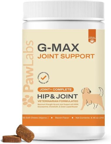 Pawlabs G-Max Joint Support for Dogs - Maximum Strength Hip & Joint Supplement with Glucosamine, Chondroitin, MSM etc - Relieves Arthritis Pain & Hip Dysplasia - Bacon Flavor, 60 Chews in Kuwait
