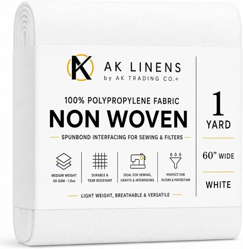 AK TRADING CO. Nonwoven 100% Polypropylene Fabric | Non-Woven Spunbond Interfacing for Sewing and Filters, 42 GSM (Medium Weight) (60" Wide, White - 5 Yards) in Kuwait