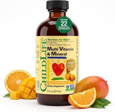 CHILDLIFE ESSENTIALS، مكمل سائل متعدد الفيتامينات والمعادن للأطفال - فيتامينات سائلة للأطفال، طبيعية بالكامل، خالية من الغلوتين، غير معدلة وراثيًا - نكهة البرتقال والمانجو الطبيعية، زجاجة 8 أونصة سائلة in Kuwait