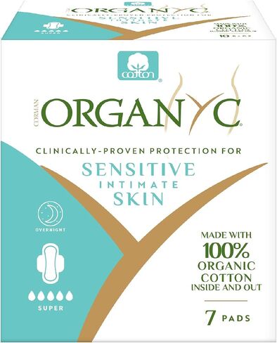Organyc New and Improved 100% Certified Organic Cotton Overnight Feminine Pads, Heaviest Flow, Super Absorbency 2.0, 7 Count in Kuwait