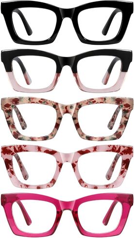 Oprah Style Reading Glasses for Women Men Blue Light Blocking 5 Pack Square Fashion Readers with Spring Hinge Computer Eyeglasses(0.00x) in Kuwait