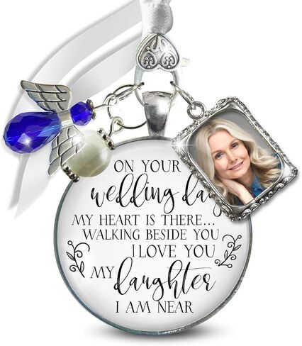 Memorial Wedding Bouquet Charm Missing You As I Walk Down Aisle Honor Anyone 1 Photo Frame Wedding Remembrance Bronze Cream Glass Pendant Something Blue Bead for Bride Flowers Picture DIY Template in Kuwait