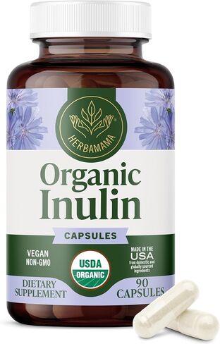 HERBAMAMA Inulin Powder Capsules - Organic Chicory Root Inulin Supplement - Prebiotic Fiber for Digestive Support & Gut Health - 1200 mg, 100 Caps in Kuwait