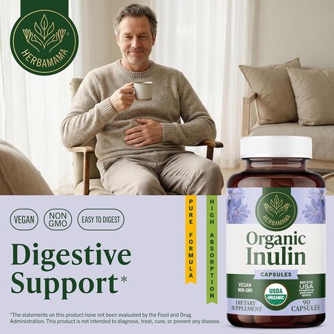 HERBAMAMA Inulin Powder Capsules - Organic Chicory Root Inulin Supplement - Prebiotic Fiber for Digestive Support & Gut Health - 1200 mg, 100 Caps in Kuwait