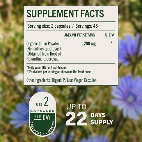 HERBAMAMA Inulin Powder Capsules - Organic Chicory Root Inulin Supplement - Prebiotic Fiber for Digestive Support & Gut Health - 1200 mg, 100 Caps in Kuwait