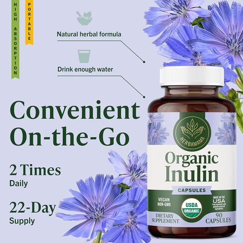 HERBAMAMA Inulin Powder Capsules - Organic Chicory Root Inulin Supplement - Prebiotic Fiber for Digestive Support & Gut Health - 1200 mg, 100 Caps in Kuwait