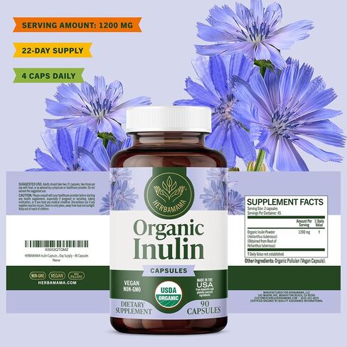 HERBAMAMA Inulin Powder Capsules - Organic Chicory Root Inulin Supplement - Prebiotic Fiber for Digestive Support & Gut Health - 1200 mg, 100 Caps in Kuwait
