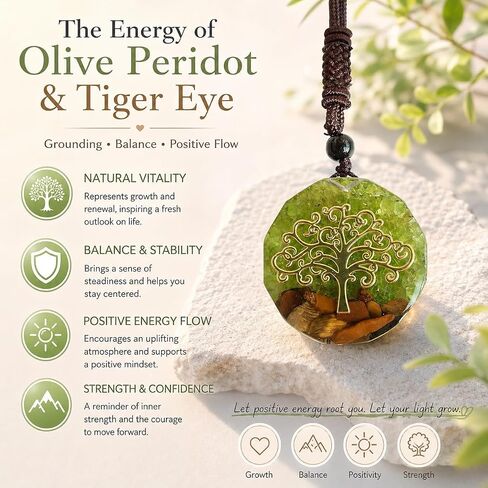 PSEEHEE Tree of Life Green Chakra Healing Orgone Pendant Necklace with Green Peridot&Tiger Eye, Heart 4th Chakra Reiki Healing Crystals Stones Jewelry Men Women in Saudi Arabia