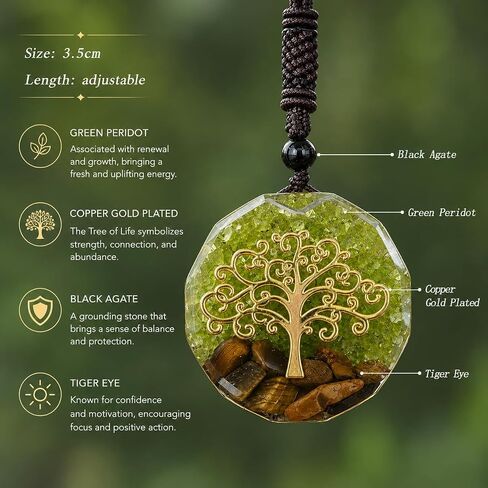 PSEEHEE Tree of Life Green Chakra Healing Orgone Pendant Necklace with Green Peridot&Tiger Eye, Heart 4th Chakra Reiki Healing Crystals Stones Jewelry Men Women in Saudi Arabia