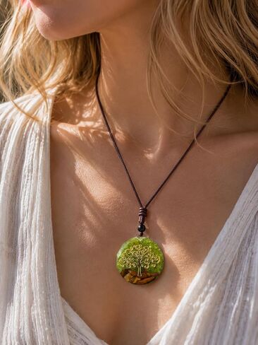 PSEEHEE Tree of Life Green Chakra Healing Orgone Pendant Necklace with Green Peridot&Tiger Eye, Heart 4th Chakra Reiki Healing Crystals Stones Jewelry Men Women in Saudi Arabia