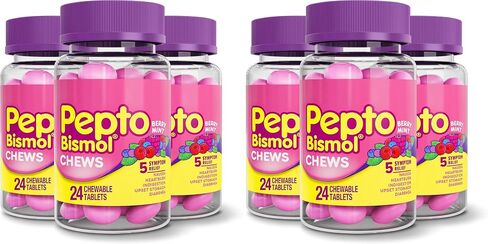 Pepto Bismol Chews, Fast and Effective Digestive Relief from Nausea, Heartburn, Indigestion, Upset Stomach, Diarrhea, Berry Mint Flavor, 72 Chewable Tablets, 24 Count (Pack of 3) in Kuwait