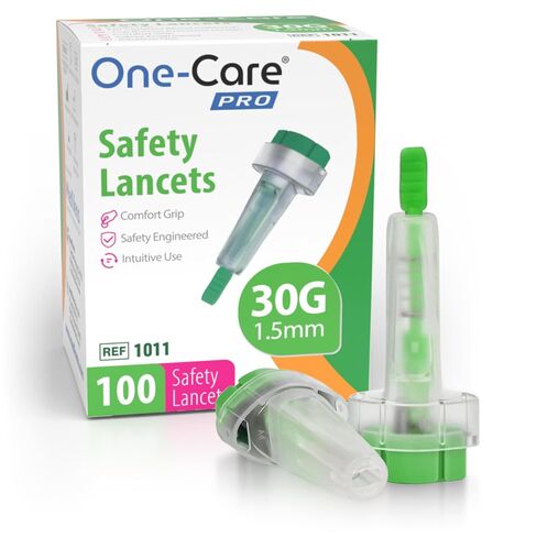 MediVena ONE-CARE PRO Safety Lancets, Top Push Button Activated, 30G x 1.2mm, 100/bx, Sterile, Gentle & Comfortable Sampling in Saudi Arabia