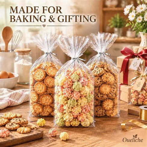 Oueliche 100Pcs 7x11.6 Inch Clear Plastic Cellophane Treat Bags with 4" Twist Ties, Great for Gift Giving or Party Favors Packaging, Bread, Cookie, Candy, Popcorn in Kuwait