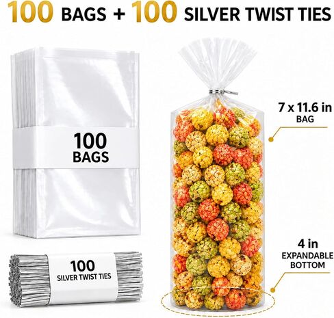 Oueliche 100Pcs 7x11.6 Inch Clear Plastic Cellophane Treat Bags with 4" Twist Ties, Great for Gift Giving or Party Favors Packaging, Bread, Cookie, Candy, Popcorn in Kuwait