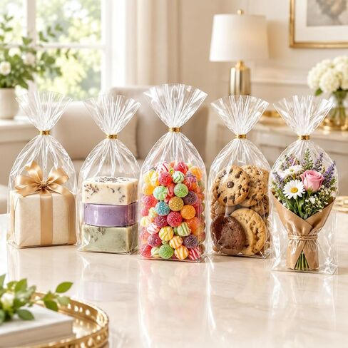 Oueliche 100Pcs 7x11.6 Inch Clear Plastic Cellophane Treat Bags with 4" Twist Ties, Great for Gift Giving or Party Favors Packaging, Bread, Cookie, Candy, Popcorn in Kuwait