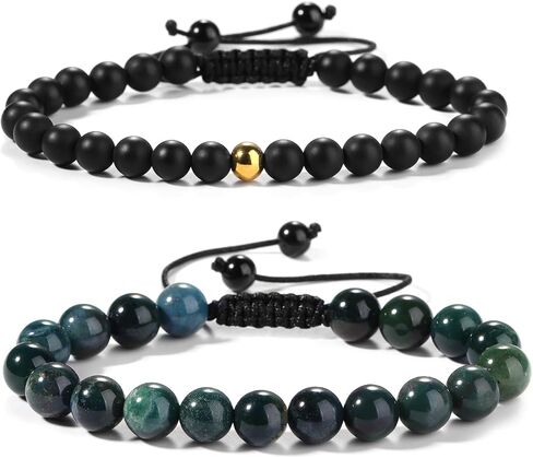 Black Beaded Bracelets for Men Boys: 6mm Obsidian Onyx Lava Beads Mens Bracelet Set Mens Jewelry - Cool Anniversary Valentines Fathers Birthday Gifts for Him Boyfriend Husband Man Son Dad in Kuwait