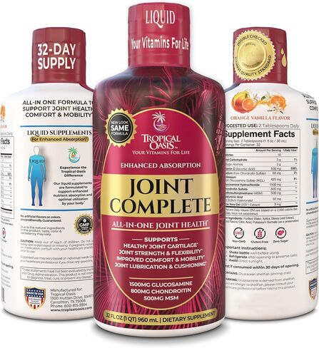 Tropical Oasis Joint Complete Premium - Liquid Joint Supplement with Liquid Glucosamine Sulfate, Chondroitin, MSM & Hyaluronic Acid - 96% Max Absorption– 32oz, 32 serv, 33484 in Kuwait