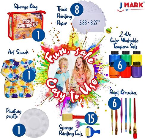 J MARK 38-Piece Toddler Paint Set, Includes Washable Tempera Paint, Art Smock, Painting Paper, Brushes, Tools in Saudi Arabia