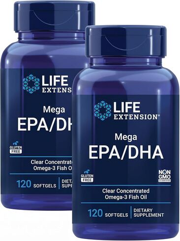 Life Extension Mega EPA DHA, Fish Oil, EPA Omega-3 Fatty Acid, DHA Omega-3 Fatty Acid Heart, Brain & Joint Health, high Potency, Gluten-Free, Non-GMO, 120 softgels in Kuwait