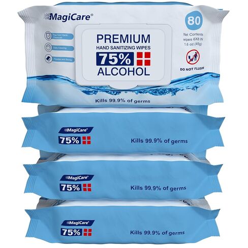 MagiCare Hand Sanitizer Wipes (4-80ct Packs) - Disposable 75% Alcohol Wipes - Premium Unscented Sanitizing Wipes for Home, Travel, Classroom, Camping, etc - Four, 80ct Hand Wipes Soft Packs (320pcs) in Kuwait