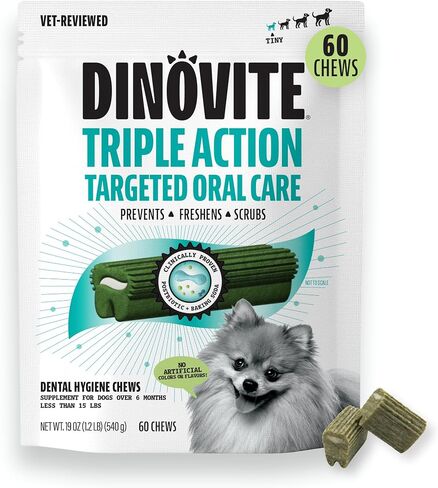 Dinovite Daily Dental Chews for Small Dogs, Freshens Breath, Mint, 30 Count in Kuwait