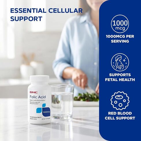 GNC Folic Acid 1000 mcg | Supports Healthy Fetal Development, Required for Proper Red Blood Cell Formation, Vegetarian Formula | 100 Tablets in Kuwait