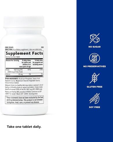GNC Folic Acid 1000 mcg | Supports Healthy Fetal Development, Required for Proper Red Blood Cell Formation, Vegetarian Formula | 100 Tablets in Kuwait