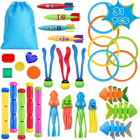 31Pcs Swim Dive Toys Pool Games Outdoor Water Essential Bath Accessories for Kid Toy Age 3 4 5 6 7 8 9 10 11 12 Year Old Cool Girl Boy Stuff Fun Summer Gift in Kuwait