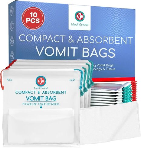 Medi Grade Absorbent Sick Bags for Car Travel, Boat or Plane - Pack of 22 Leakproof Travel Sickness Vomit Bags with Zero Odour – Sealable Travel Sick Bags, Turns Vomit to Gel, Holds Up to 750ml in Kuwait