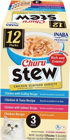 INABA Churu Stew for Cats, Side Dish Pouch with Vitamin E, 1.4 Ounces per Pouch, 12 Pouches, Chicken & Seafood Variety in Kuwait