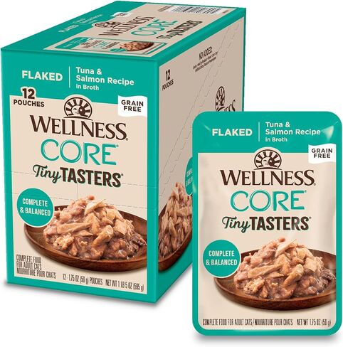 Wellness CORE Tiny Tasters Flaked Adult Wet Cat Food, Natural, Protein Rich, Grain Free, Tuna and Salmon Recipe, 1.75 oz, Pack of 12 Pouches in Kuwait