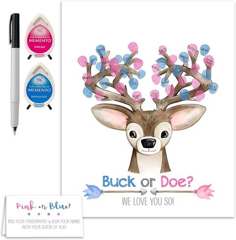 Gender Neutral Deer Themed Baby Shower Fingerprint Poster Set, Buck Theme Baby Shower Thumbprint Guestbook Alternative with Ink Pads, Woodland Baby Shower Fingerprint Tree Set (8.5x11 Inches, Neutral) in Kuwait